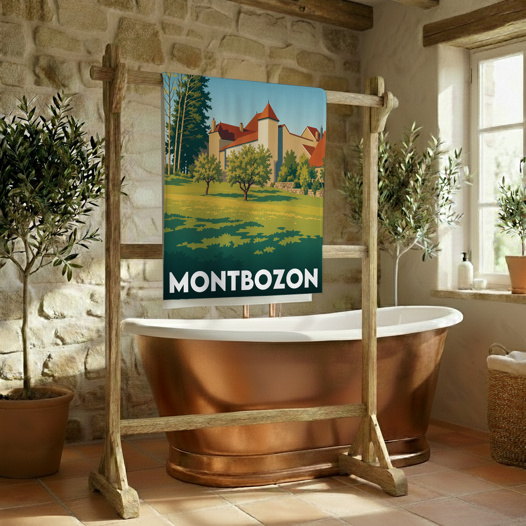 Serviette de bain souvenir de la ville de Montbozon avec une illustration stylisée.