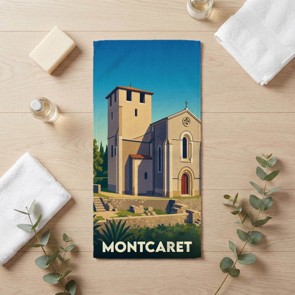 Serviette de bain souvenir de la ville de Montcaret avec une illustration stylisée de son église.