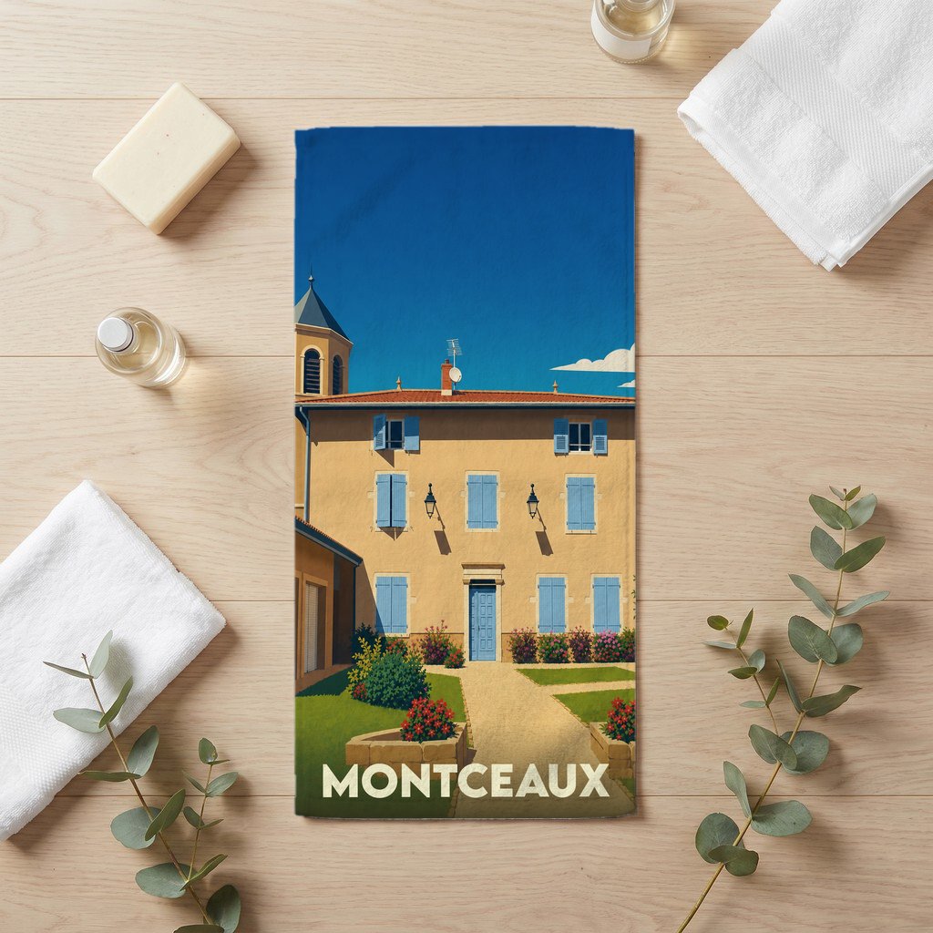 Serviette de bain souvenir de la ville de Montceaux avec une illustration stylisée d'une maison de village.