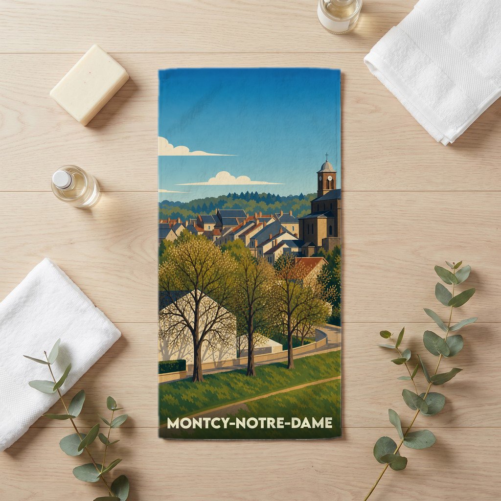 Serviette de bain souvenir de la ville de Montcy-Notre-Dame avec une illustration stylisée.