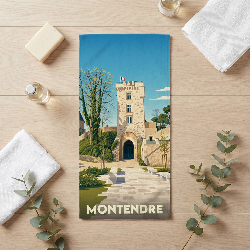 Serviette de bain souvenir de la ville de Montendre avec une illustration stylisée de son château.