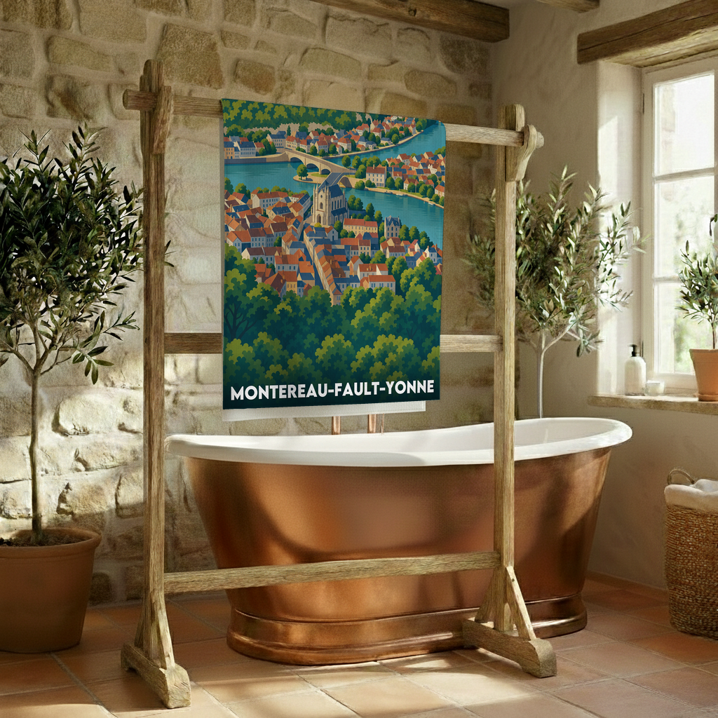 Serviette de bain souvenir de la ville de Montereau-Fault-Yonne avec une illustration stylisée.