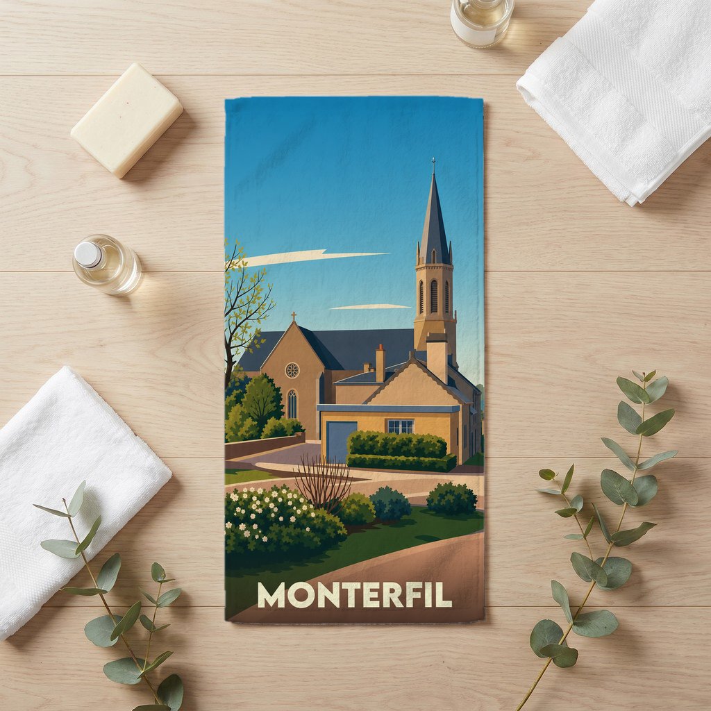 Serviette de bain souvenir de la ville de Monterfil avec une illustration stylisée.