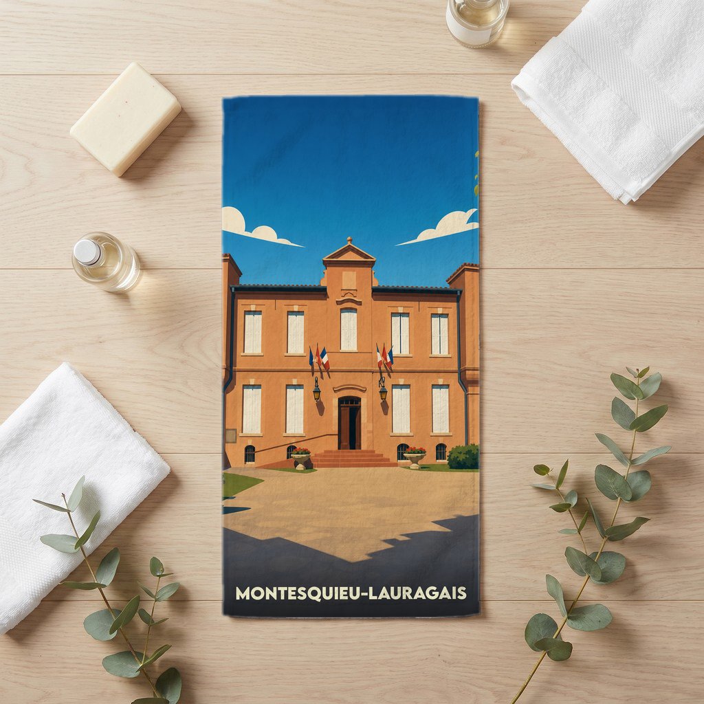 Serviette de bain souvenir de la ville de Montesquieu-Lauragais avec une illustration stylisée de sa mairie.