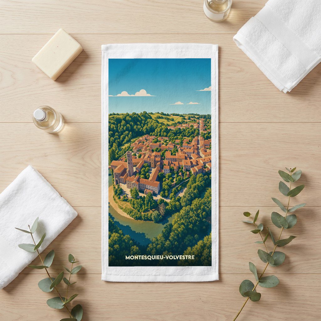 Serviette de bain souvenir de la ville de Montesquieu-Volvestre avec une illustration panoramique stylisée.