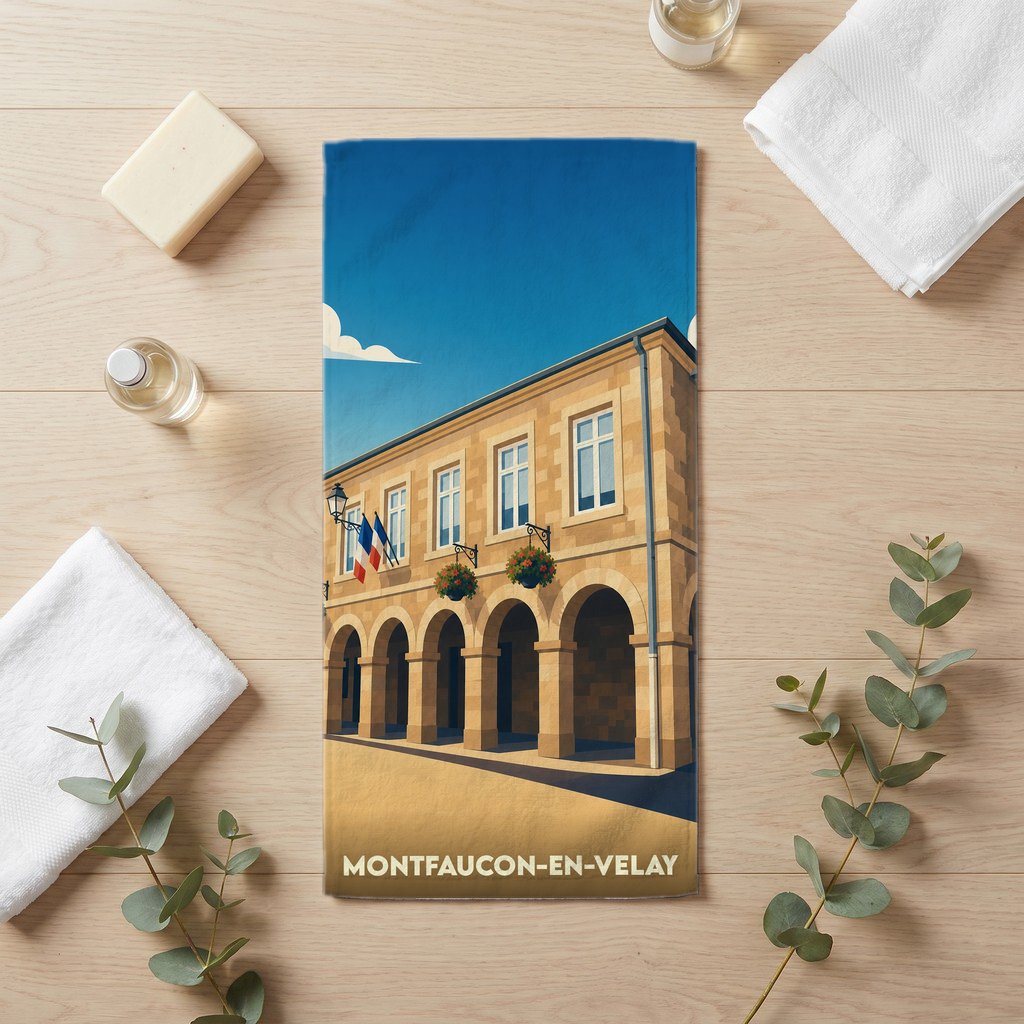 Serviette de bain souvenir de la ville de Montfaucon-en-Velay avec une illustration stylisée.