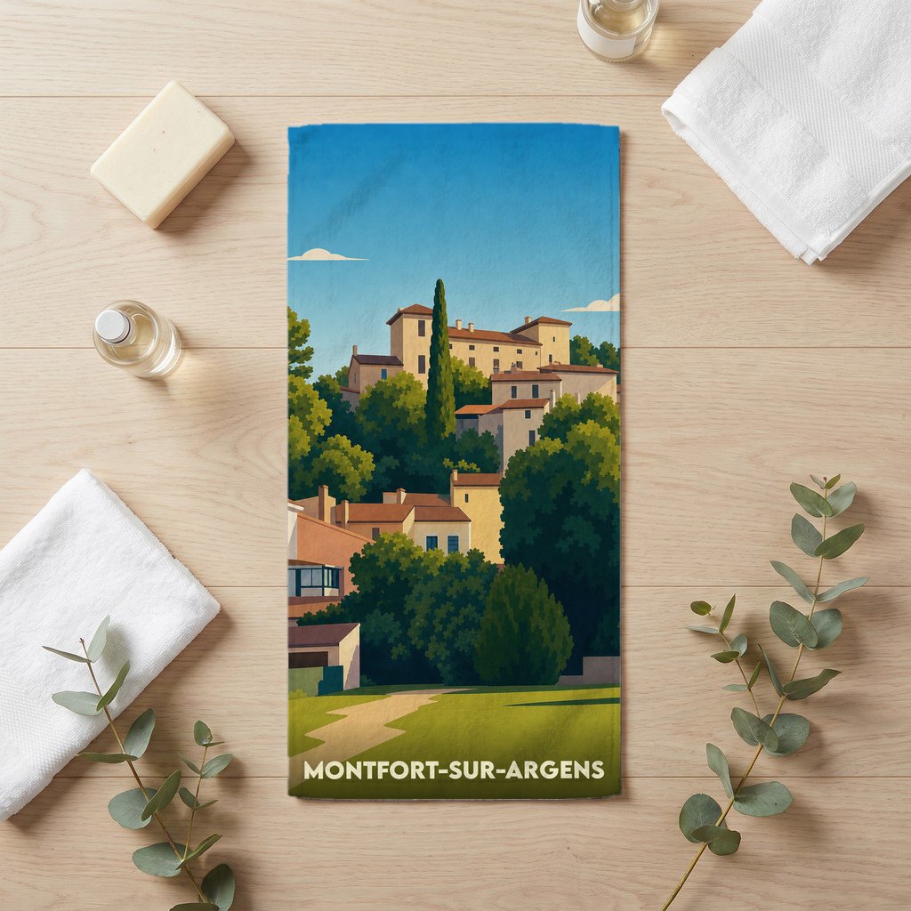 Serviette de bain souvenir de la ville de Montfort-sur-Argens avec une illustration stylisée.