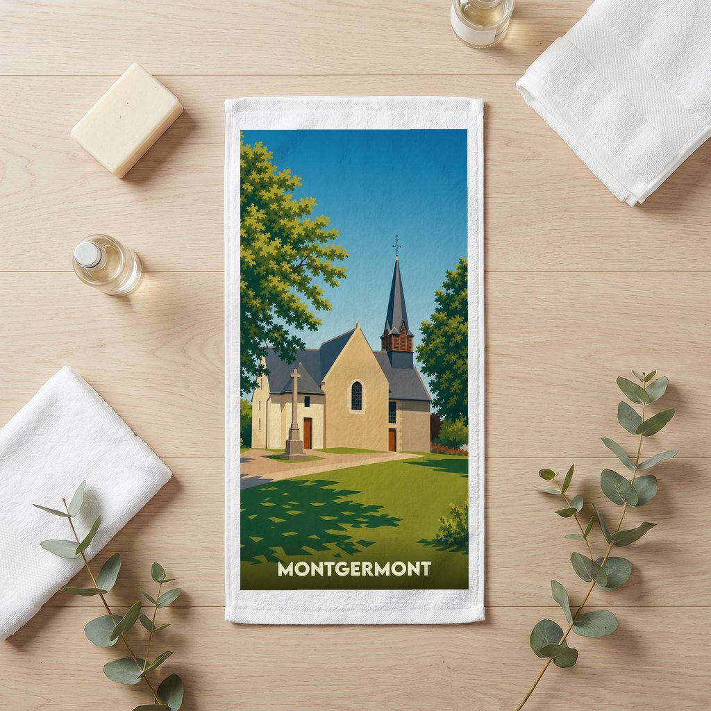 Serviette de bain souvenir de la ville de Montgermont avec une illustration stylisée de son église.