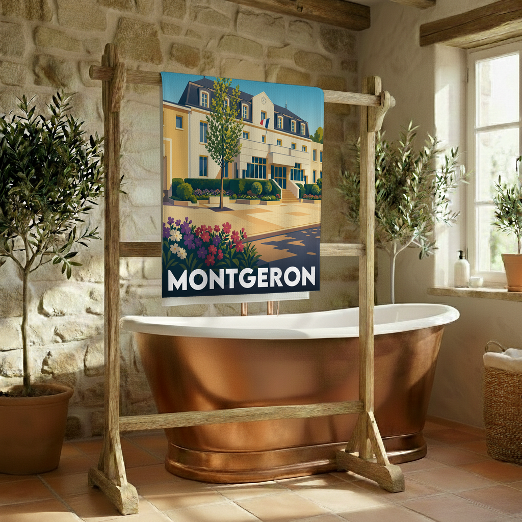 Serviette de bain souvenir de la ville de Montgeron avec une illustration stylisée de l'hôtel de ville.