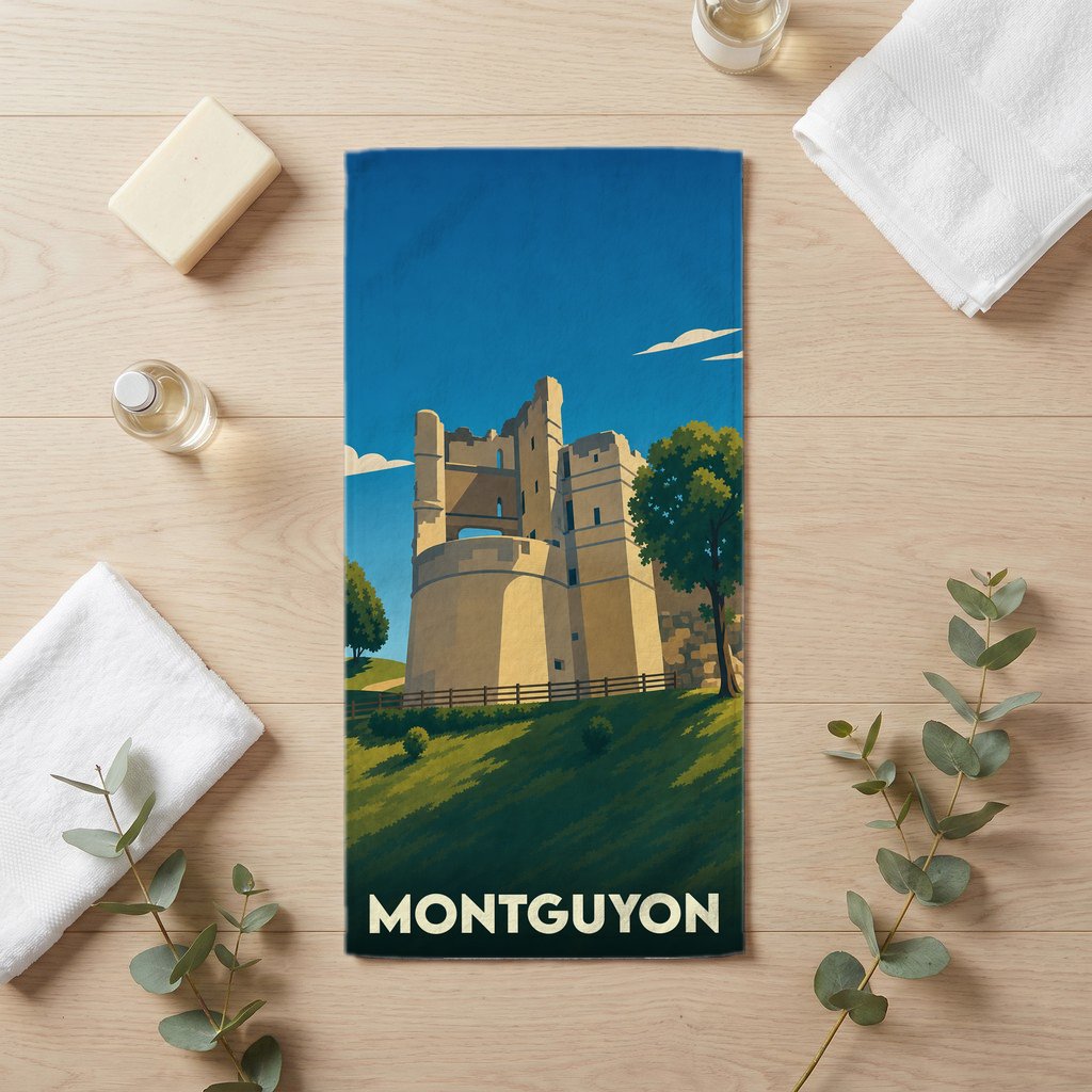 Serviette de bain souvenir de la ville de Montguyon avec une illustration stylisée de son château.