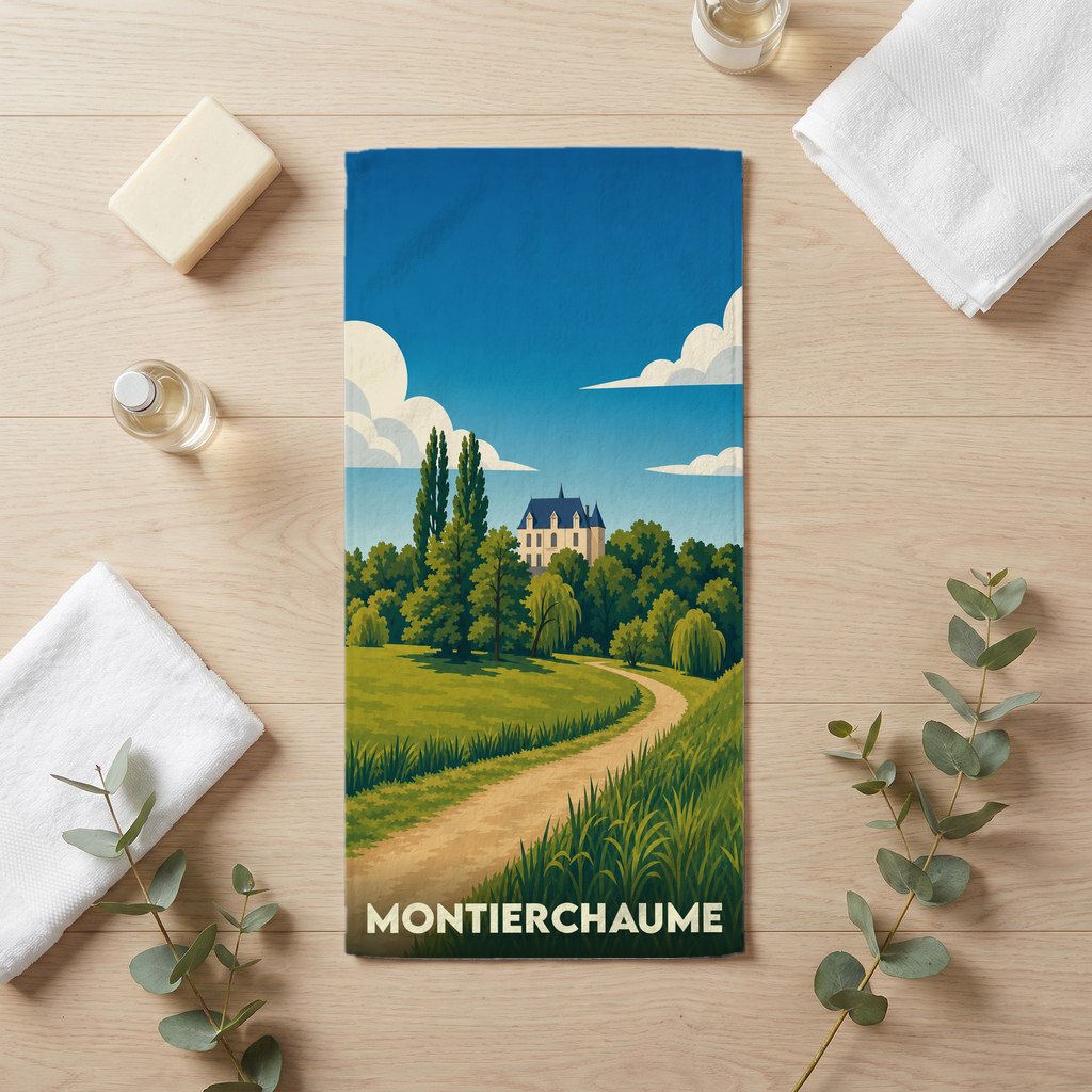 Serviette de bain souvenir de la ville de Montierchaume avec une illustration stylisée d'un paysage de campagne.