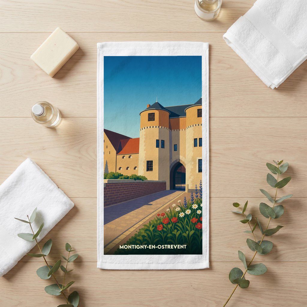Serviette de bain souvenir de la ville de Montigny-en-Ostrevent avec une illustration stylisée de ses remparts.