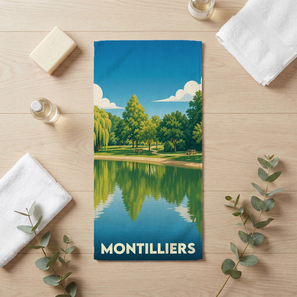 Serviette de bain souvenir de la ville de Montilliers avec une illustration stylisée d'un parc au bord de l'eau.