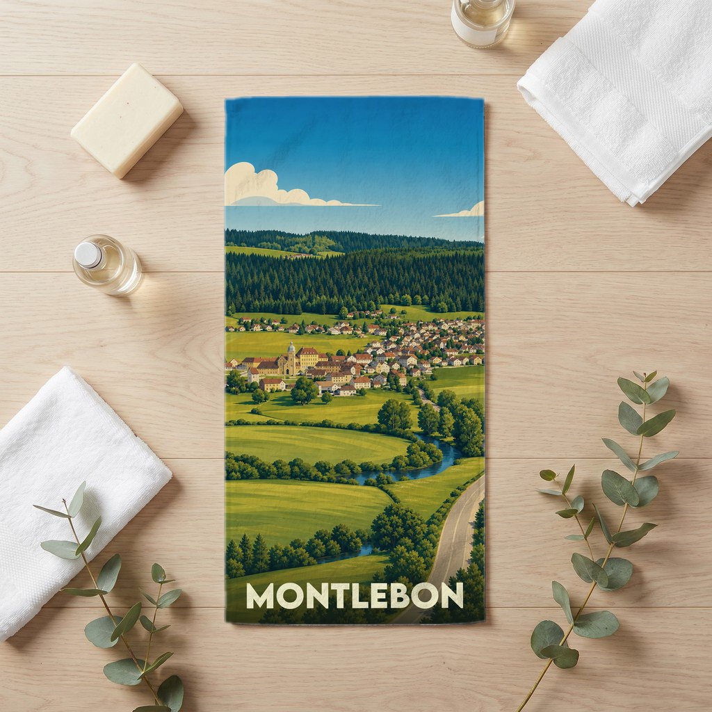 Serviette de bain souvenir de la ville de Montlebon avec une illustration de paysage champêtre.