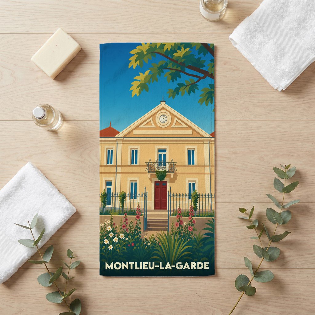 Serviette de bain souvenir de la ville de Montlieu-la-Garde avec une illustration stylisée de sa mairie.