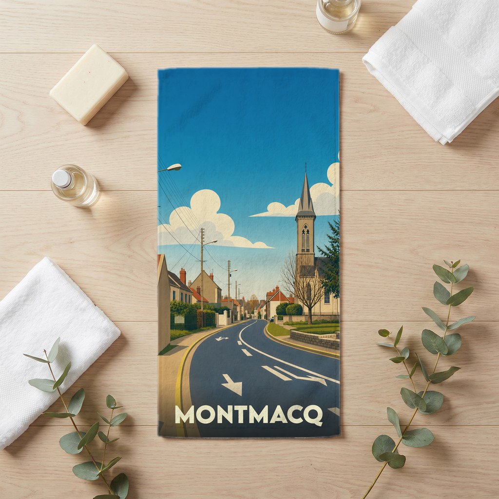 Serviette de bain souvenir de la ville de Montmacq avec une illustration stylisée.