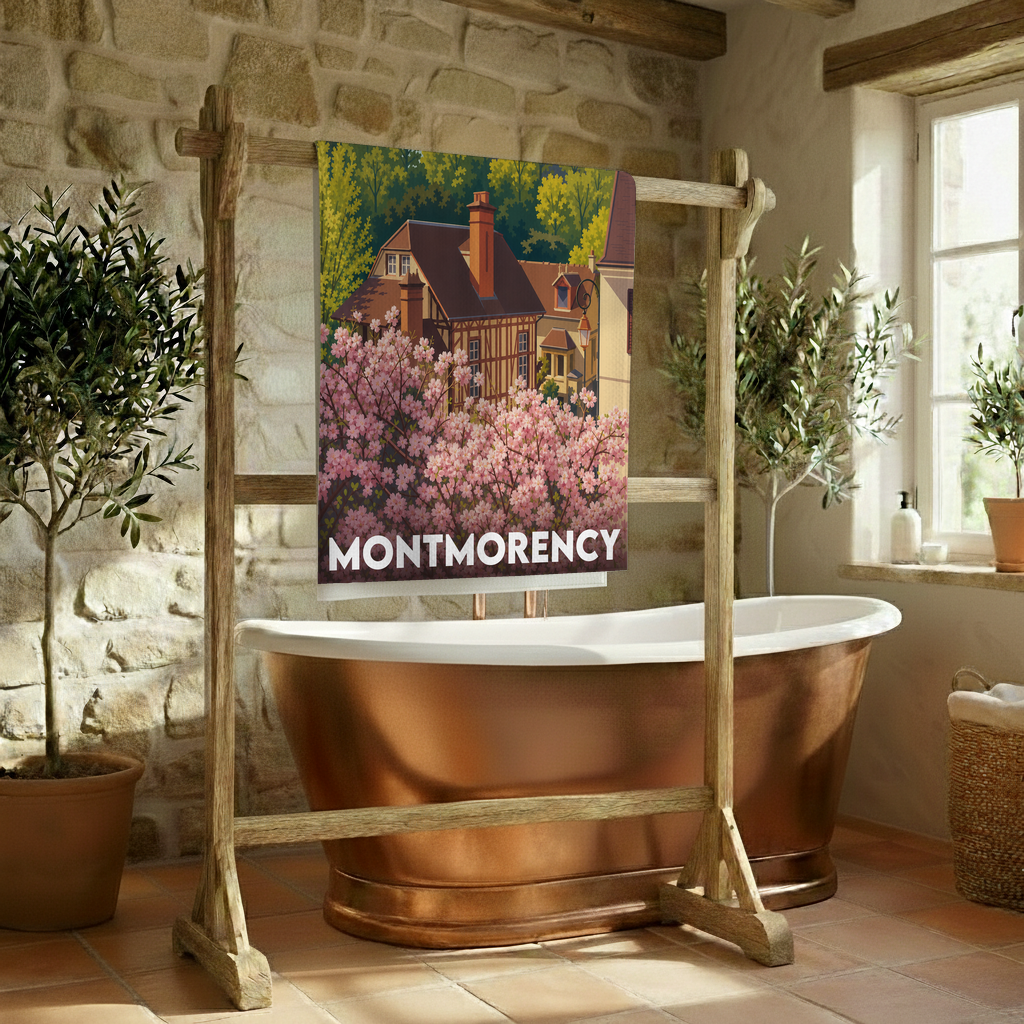 Serviette de bain souvenir de la ville de Montmorency avec une illustration stylisée de maisons et de cerisiers en fleurs.