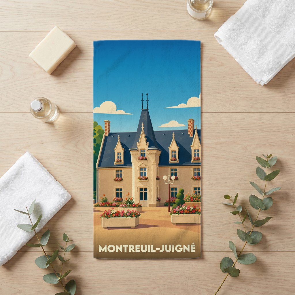 Serviette de bain souvenir de la ville de Montreuil-Juigné avec une illustration stylisée de son château.