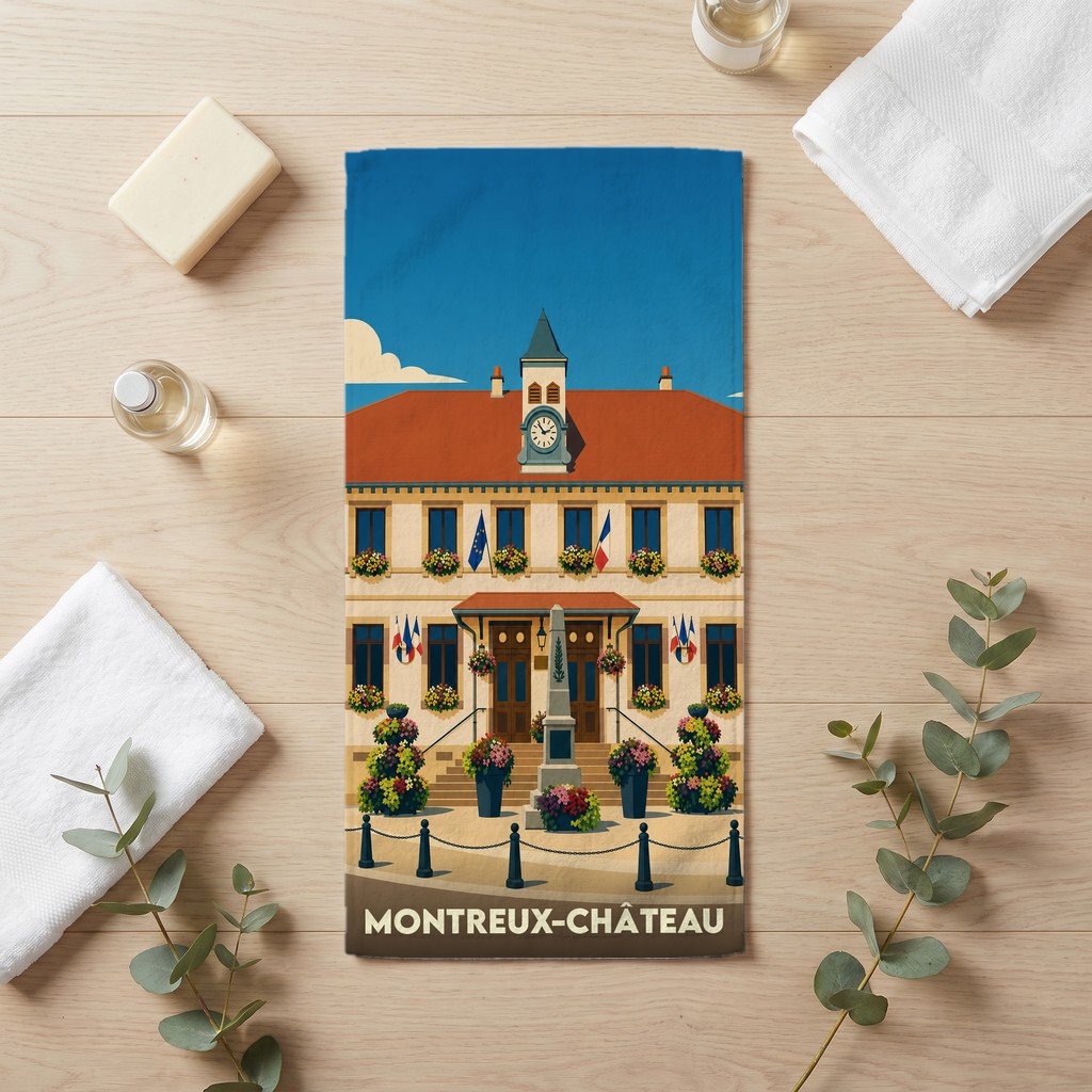 Serviette de bain souvenir de la ville de Montreux-Château avec une illustration stylisée de la mairie.