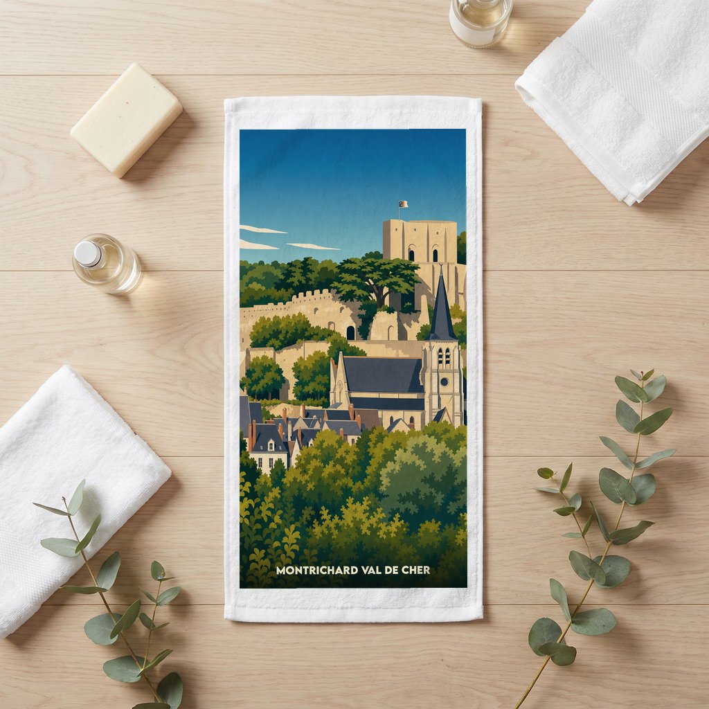 Serviette de bain souvenir de la ville de Montrichard Val de Cher avec une illustration stylisée.