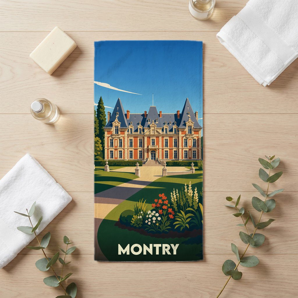 Serviette de bain souvenir de la ville de Montry illustrée d'un château de style classique.