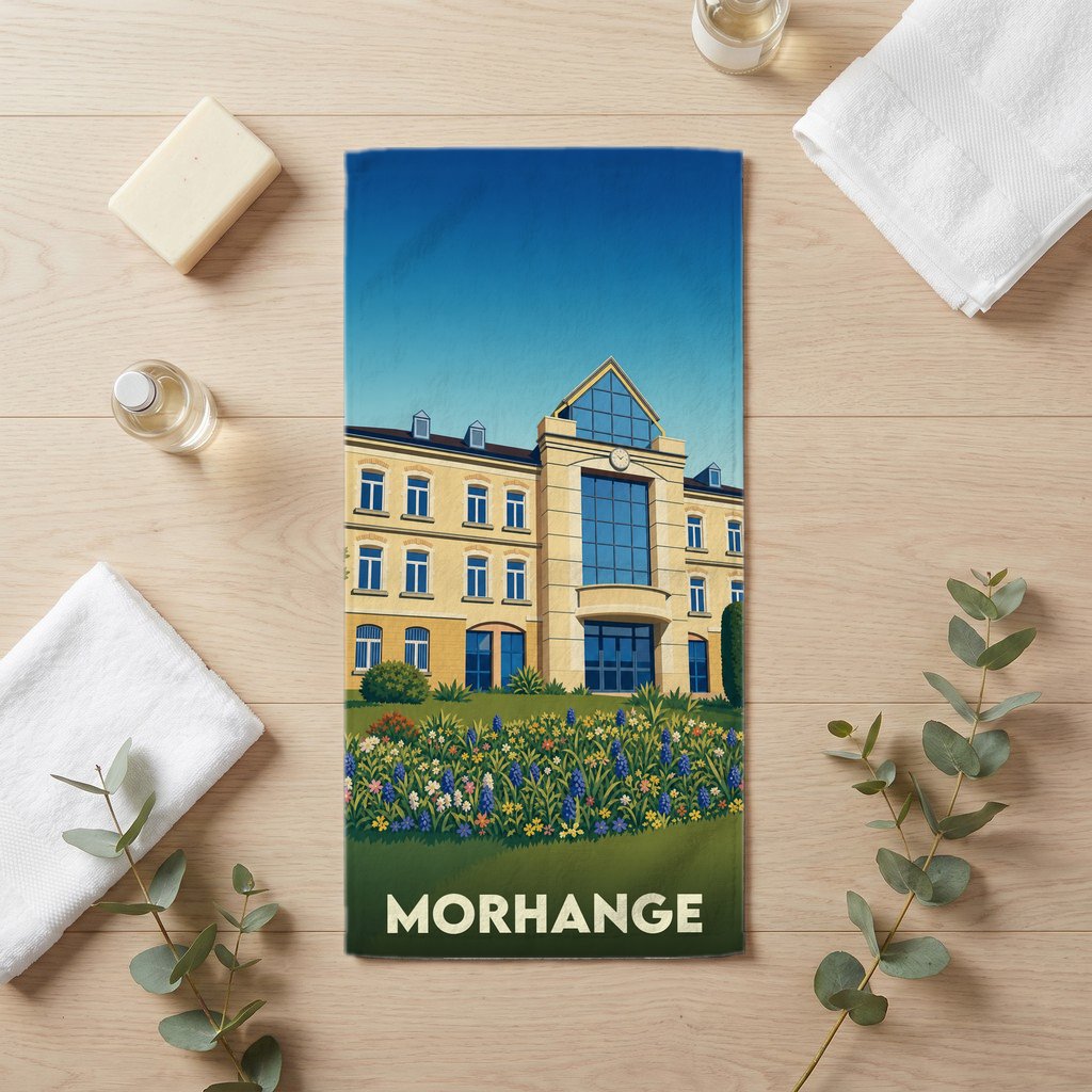 Serviette de bain souvenir de la ville de Morhange avec une illustration stylisée de l'hôtel de ville.