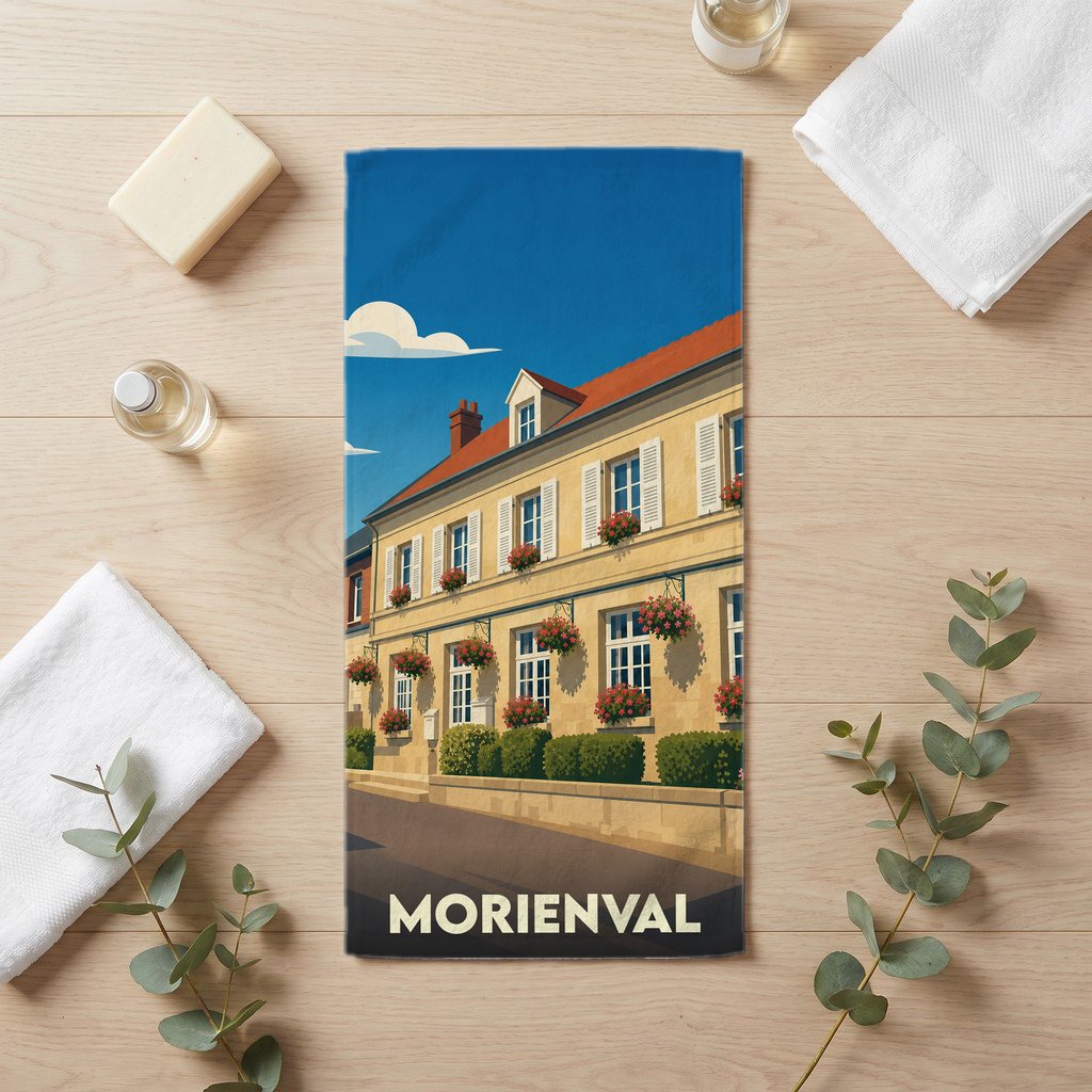 Serviette de bain souvenir de la ville de Morienval avec une illustration stylisée d'une bâtisse fleurie.