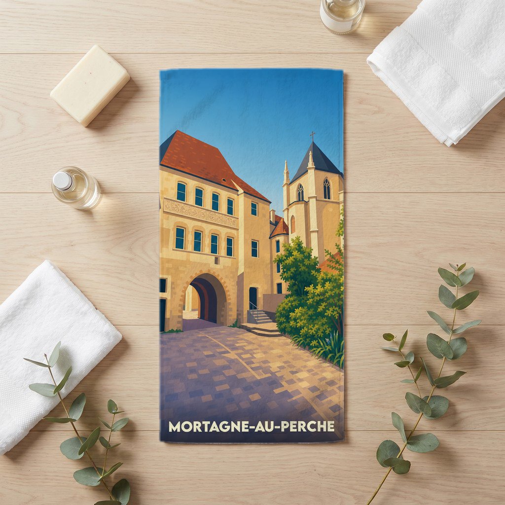 Serviette de bain souvenir de la ville de Mortagne-au-Perche avec une illustration stylisée.