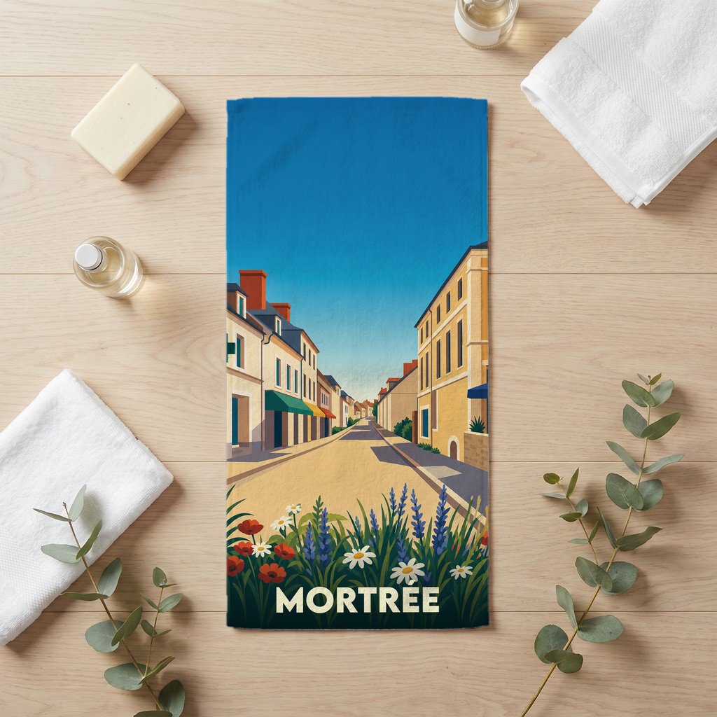 Serviette de bain souvenir de la ville de Mortrée avec une illustration stylisée.