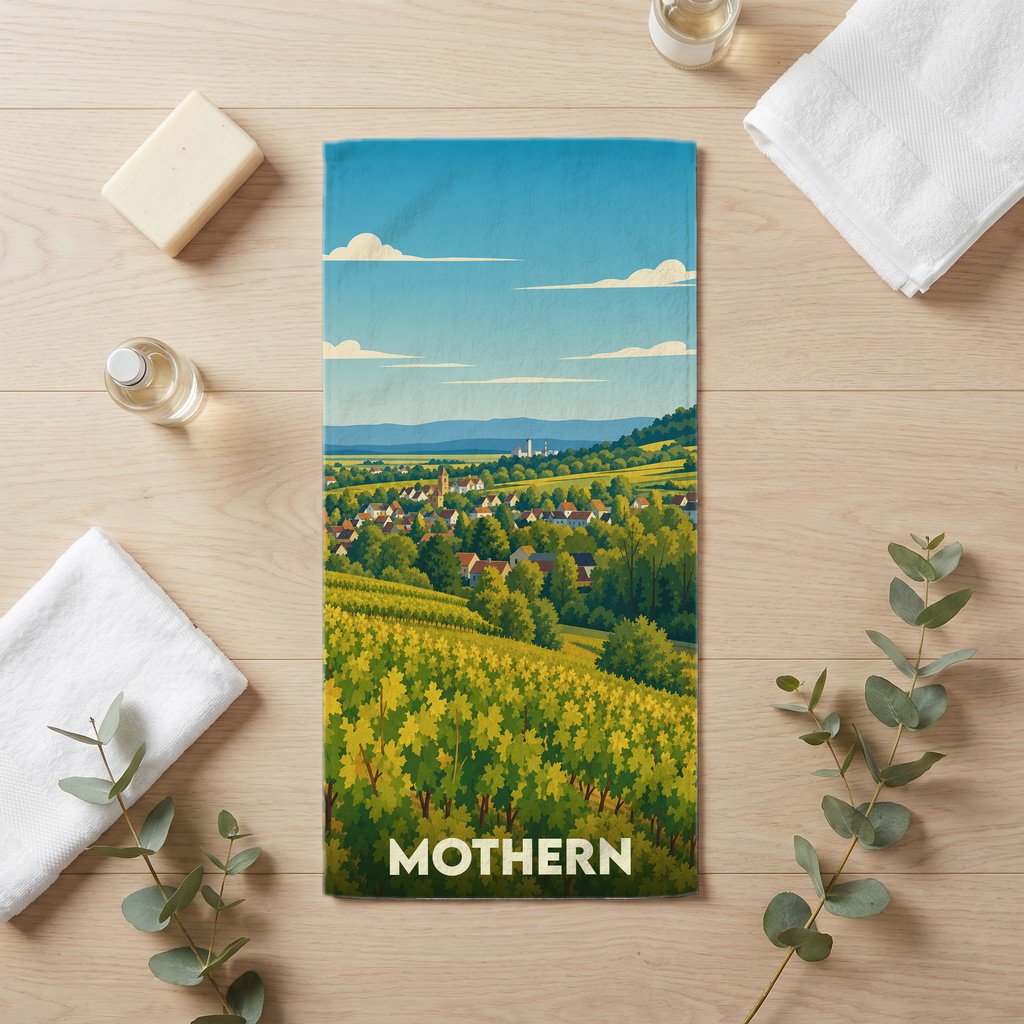 Serviette de bain souvenir de la ville de Mothern avec une illustration stylisée de ses paysages vallonnés.