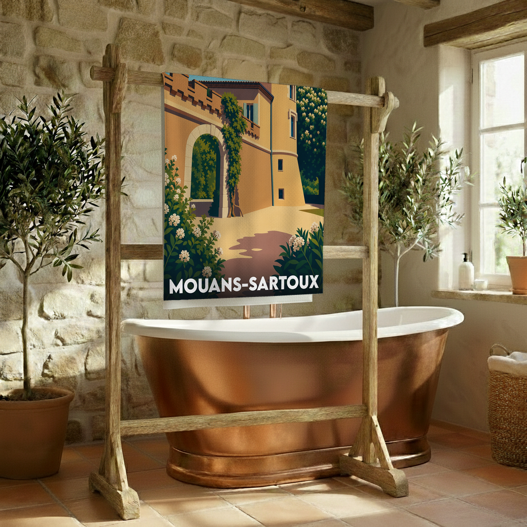 Serviette de bain souvenir de la ville de Mouans-Sartoux avec une illustration stylisée de son château.