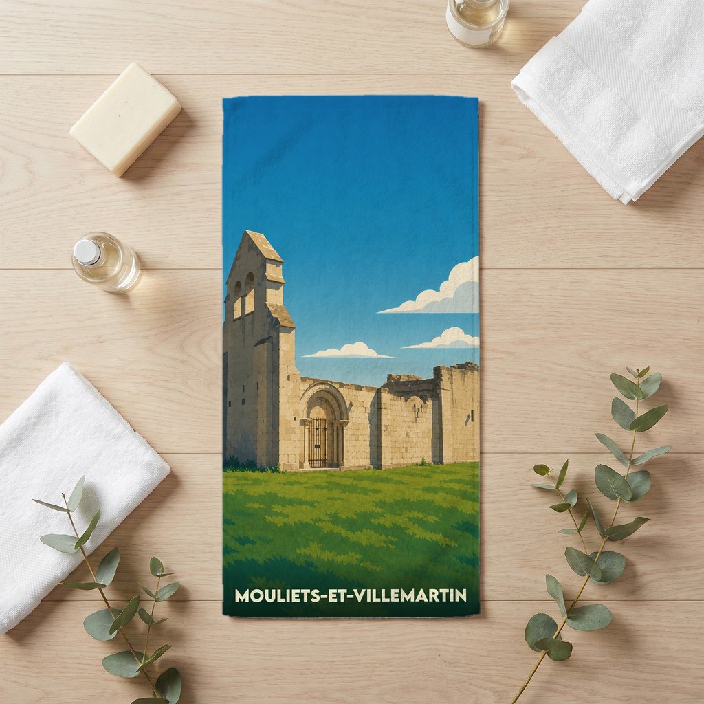 Serviette de bain souvenir de la ville de Mouliets-et-Villemartin avec une illustration stylisée d'un monument historique.