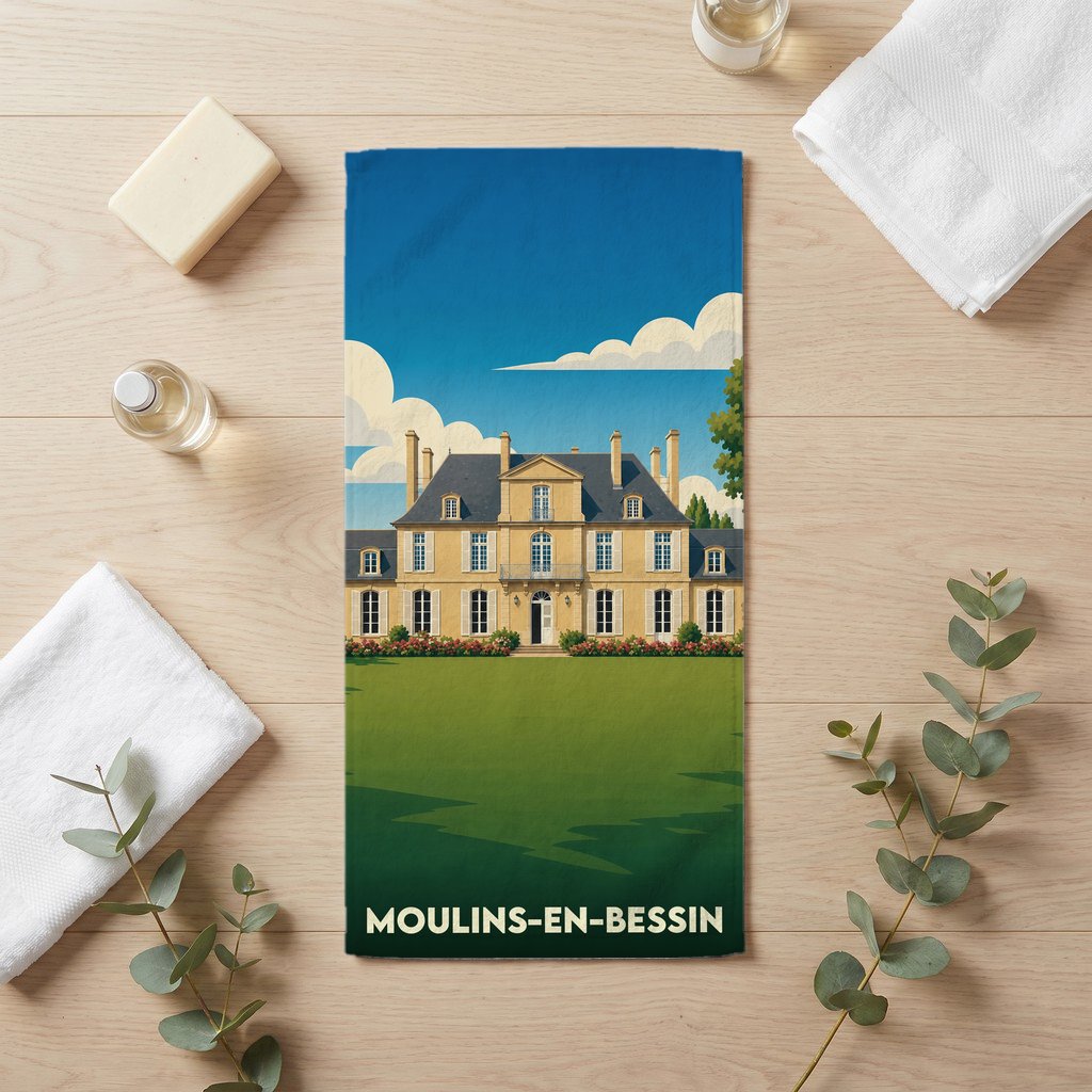 Serviette de bain souvenir de Moulins-en-Bessin illustrant un château typique sous un ciel bleu.