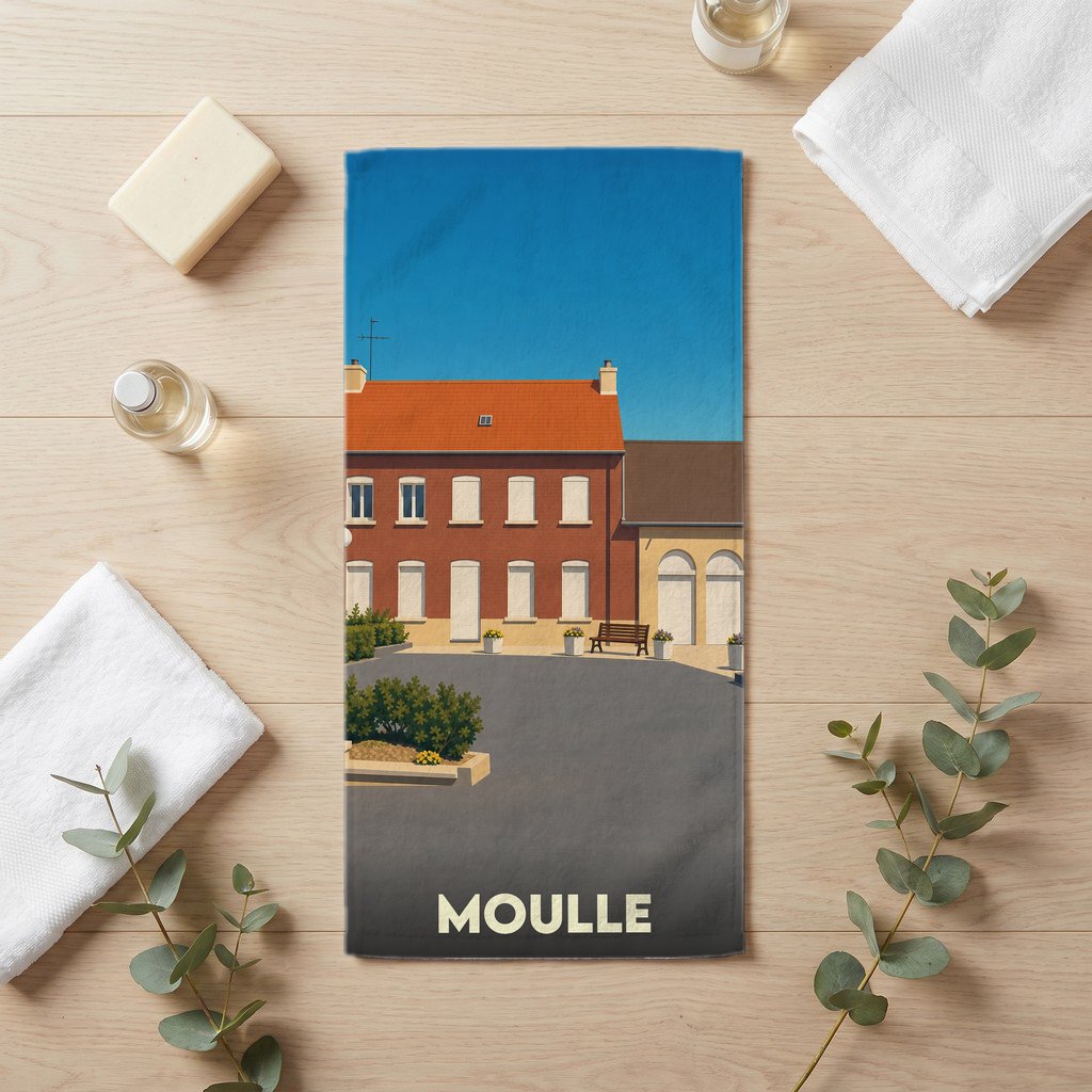 Serviette de bain souvenir de la ville de Moulle avec une illustration stylisée.