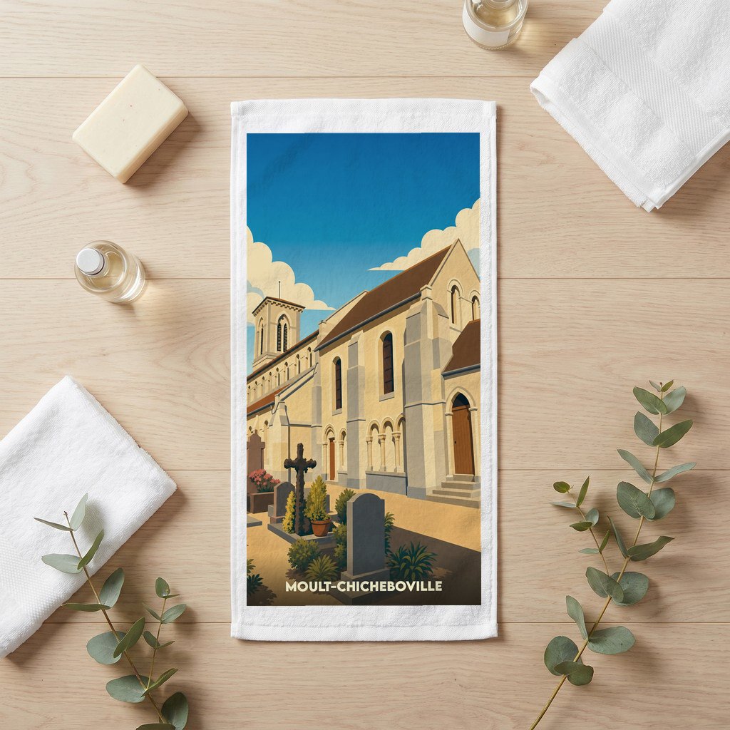 Serviette de bain souvenir de la ville de Moult-Chicheboville avec une illustration stylisée de son église.