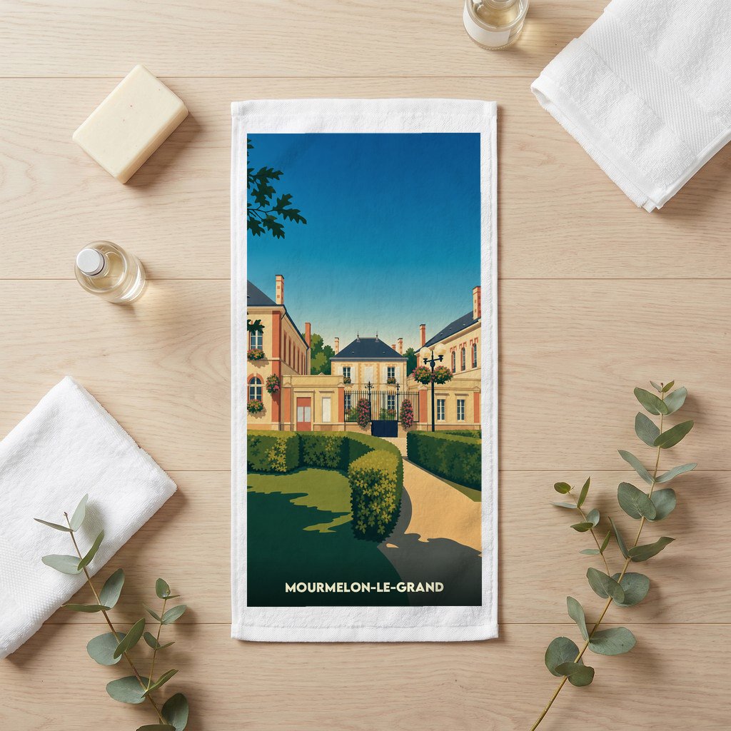 Serviette souvenir de la ville de Mourmelon-le-Grand avec une illustration stylisée d'un bâtiment historique et de ses jardins.