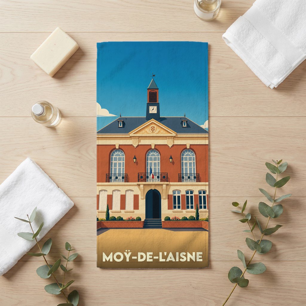 Serviette de bain souvenir de la ville de Moÿ-de-l'Aisne avec une illustration stylisée de sa mairie.