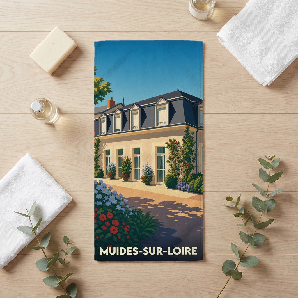 Serviette de bain souvenir de Muides-sur-Loire avec une illustration stylisée d'un bâtiment fleuri.