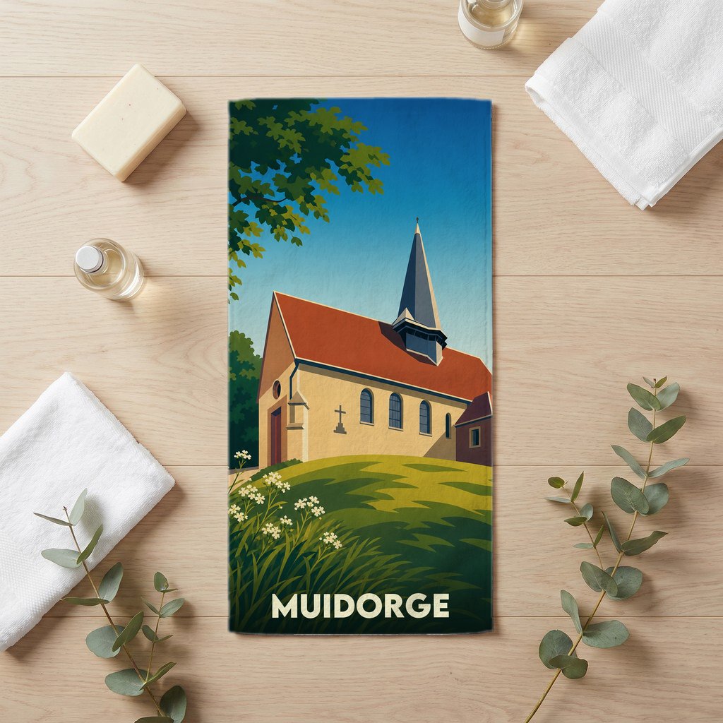 Serviette de bain souvenir de la ville de Muidorge avec une illustration stylisée d'une église de campagne.