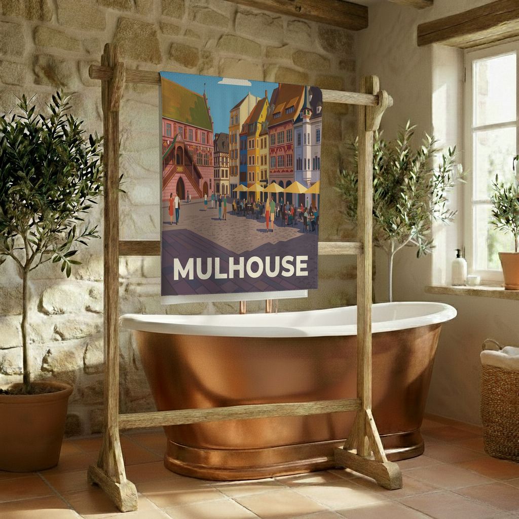 Serviette de bain souvenir de la ville de Mulhouse avec une illustration stylisée.