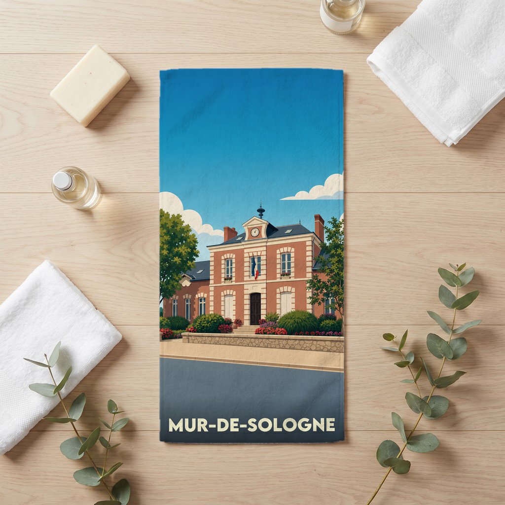 Serviette de bain souvenir de Mur-de-Sologne illustrée d'un dessin stylisé de sa mairie.