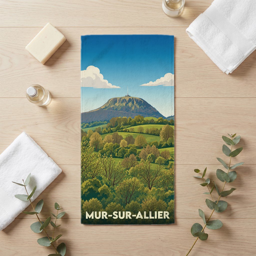 Serviette de bain souvenir de la ville de Mur-sur-Allier avec une illustration stylisée d'un paysage vallonné.