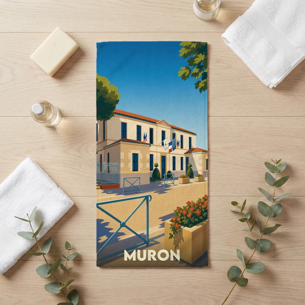 Serviette de bain souvenir de la ville de Muron avec une illustration stylisée du bâtiment de la mairie.