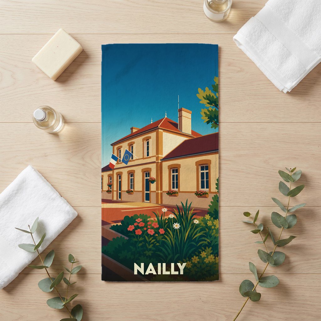 Serviette de bain souvenir de la ville de Nailly avec une illustration stylisée de sa mairie.