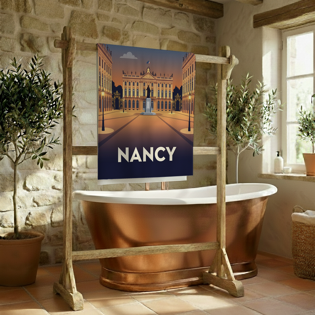 Serviette de bain souvenir de la ville de Nancy avec une illustration stylisée de la place Stanislas.