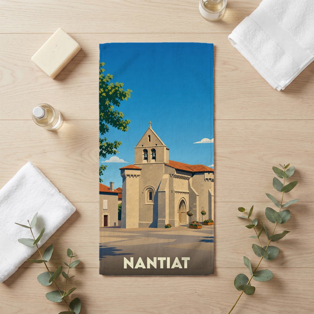 Serviette de bain souvenir de la ville de Nantiat avec une illustration stylisée de son église.