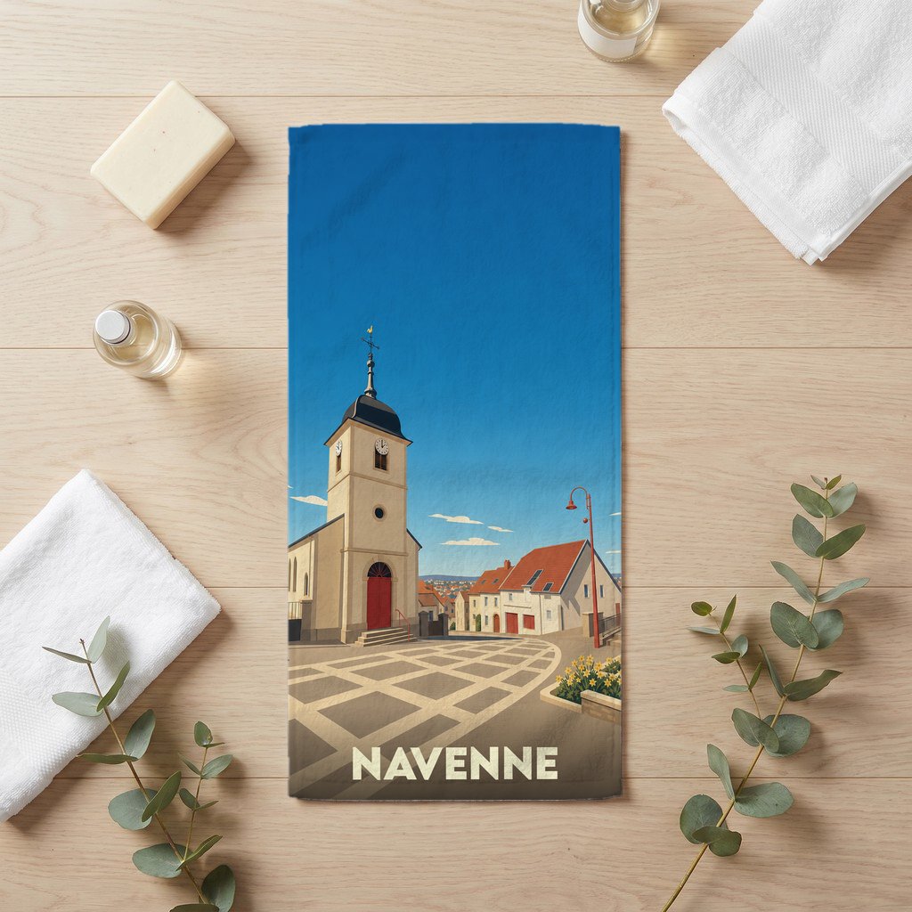 Serviette de bain souvenir de la ville de Navenne avec une illustration stylisée de son église.