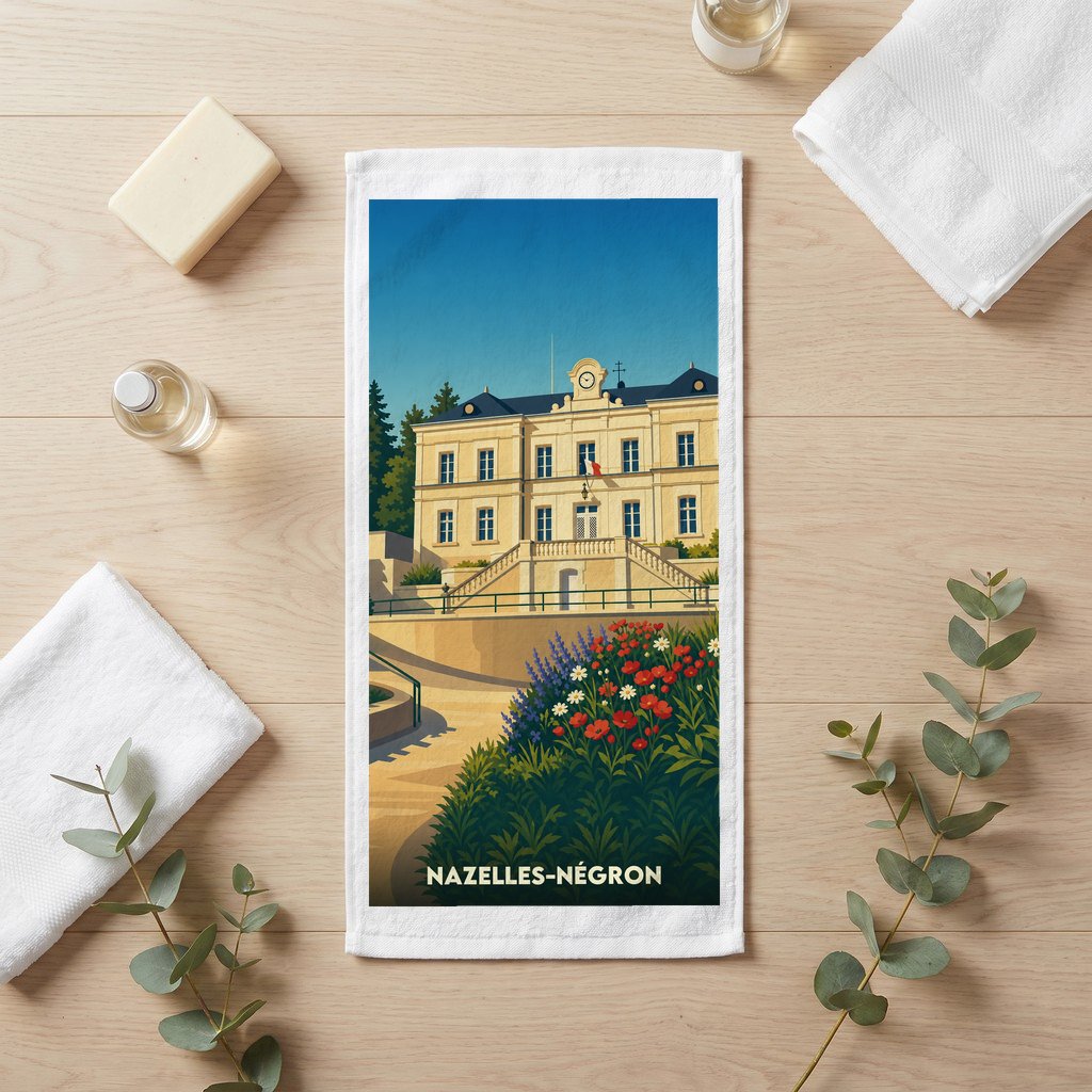 Serviette de bain souvenir de la ville de Nazelles-Négron avec une illustration stylisée de son hôtel de ville.