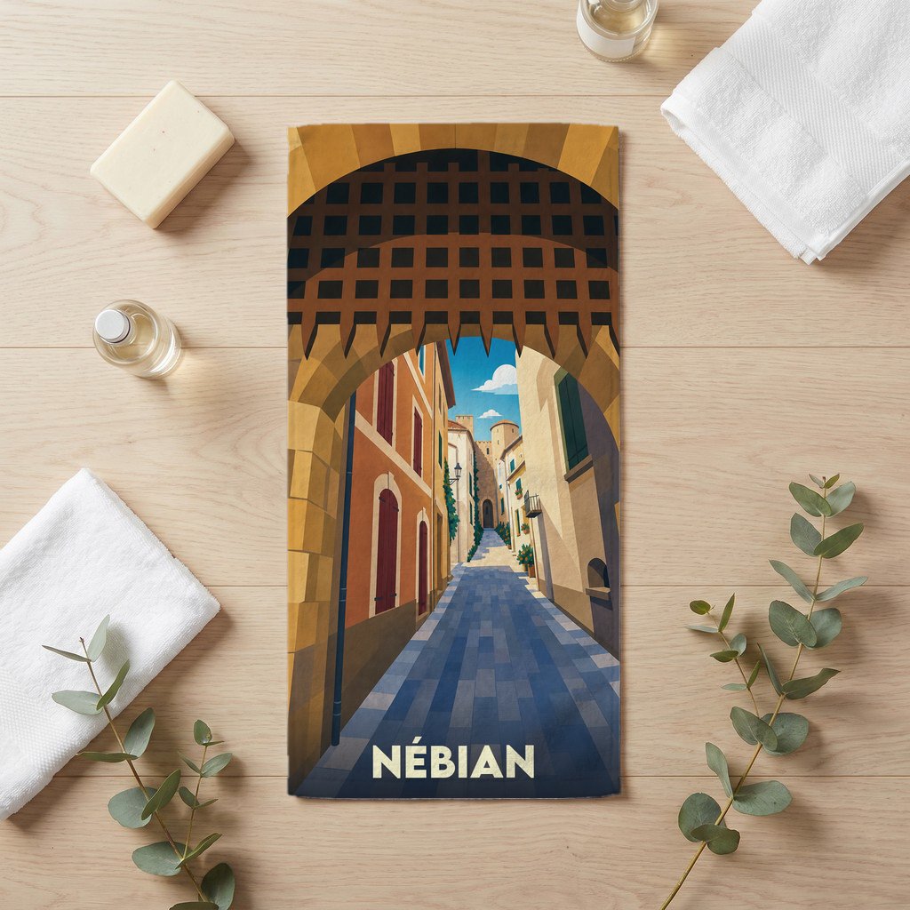 Serviette de bain souvenir de la ville de Nébian avec une illustration stylisée d'une ruelle médiévale vue à travers une arche.