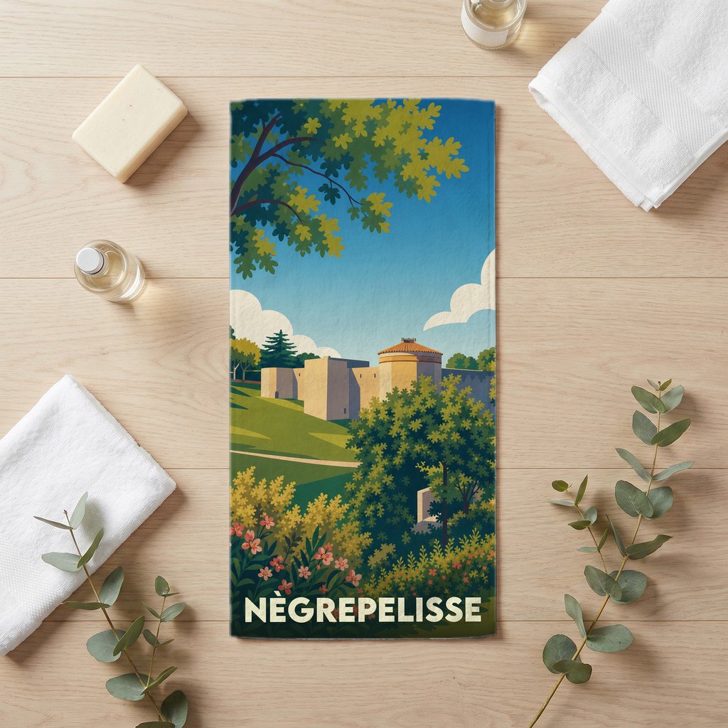 Serviette de bain souvenir de la ville de Nègrepelisse illustrant son château dans un style graphique épuré.